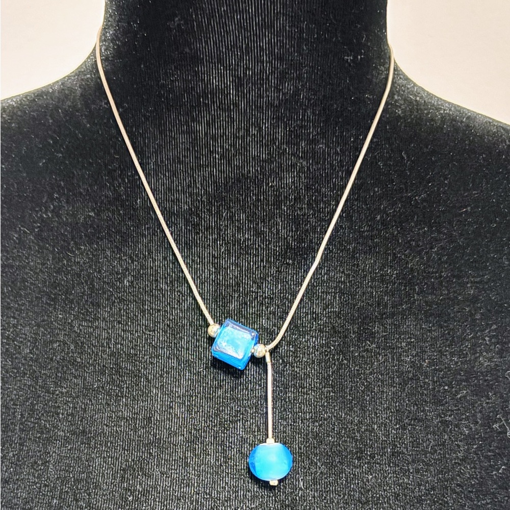 Sterling Silver Blue Italian Cube and Ball Murano Glass Bead Necklace